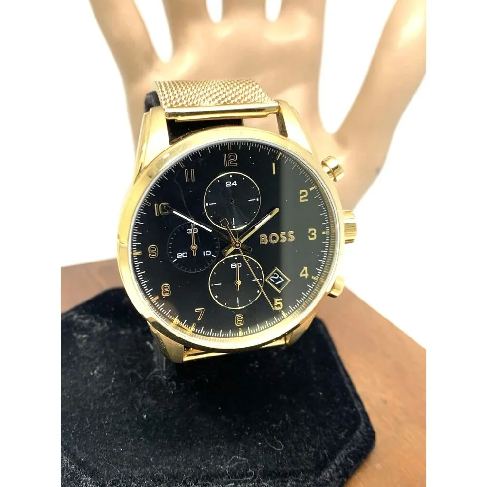 Hugo Boss Men's Watch 1513838 Quartz Chronograph Black Dial Gold Mesh Steel 44mm
